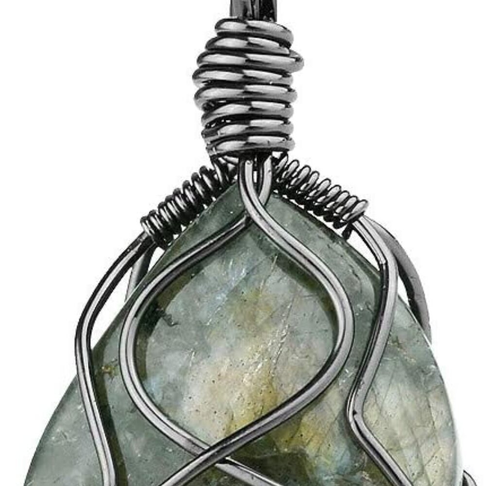 Labradorite Necklace Irregular Shape Wire Wrapped Quartz Crystal Pendant with Ch